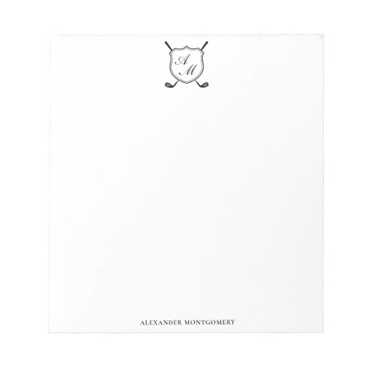 Bloc-note Blason de golf monogramme noir élégant (Devant)