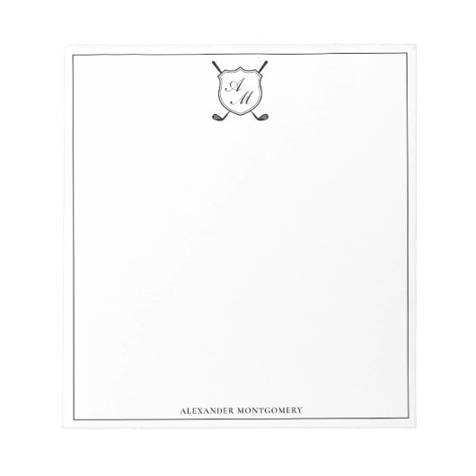 Bloc-note Blason de monogramme de golf noir élégant (Devant)