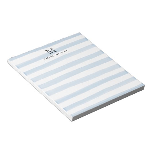 Bloc-note Bleu clair pâle Aquarelle Bleu Rayures Monogramme (Incliné)