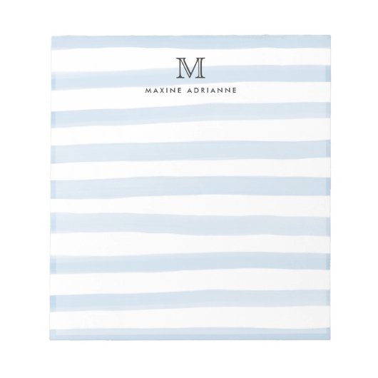 Bloc-note Bleu clair pâle Aquarelle Bleu Rayures Monogramme (Devant)