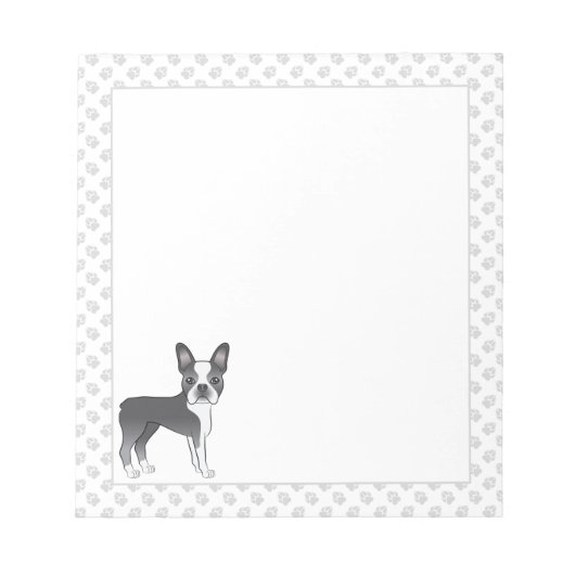 Bloc-note Bleu Et Blanc Boston Terrier Cartoon Chien & Paws (Devant)