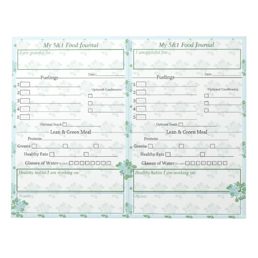 Bloc-note Bleu | Green Floral 5 et 1 pages du journal alimen (Devant)