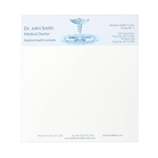 Bloc-note Bleu Médicale Caduceus Eau Pompe Hermes Rod (Devant)