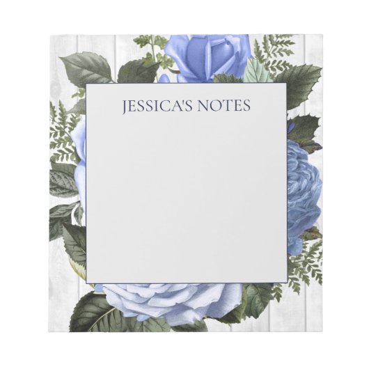 Bloc-note Bleu Rose Blanc Rustique Bois Nom Note (Devant)