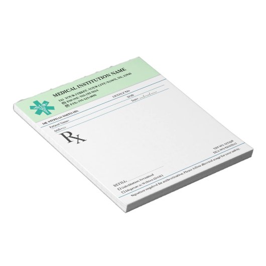 Bloc-note Bloc de prescription médicale RX – Vert Menthe (Incliné)