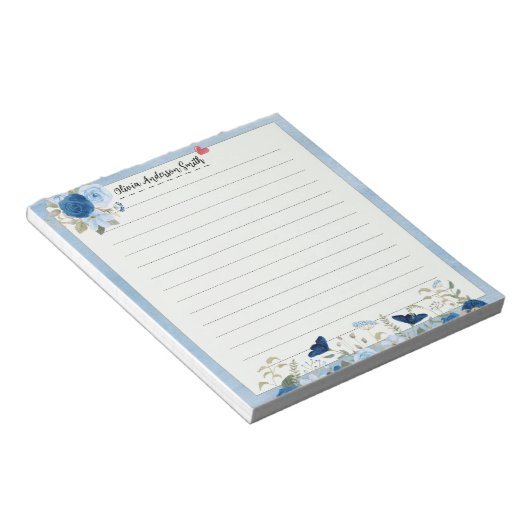 Bloc-note Blue Beige Floral Heart Custom Name Notepad (Incliné)