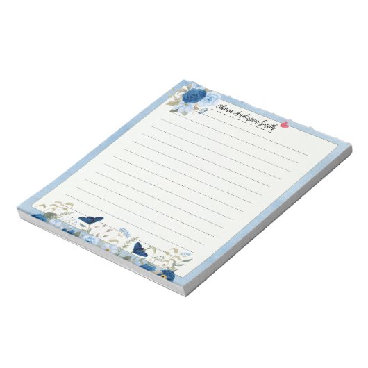 Bloc-note Blue Beige Floral Heart Custom Name Notepad (Tourné)