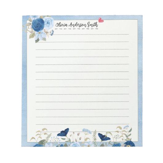 Bloc-note Blue Beige Floral Heart Custom Name Notepad (Devant)