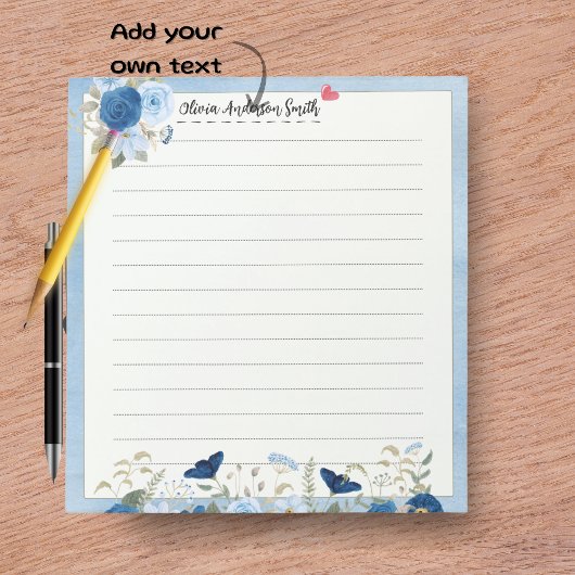 Bloc-note Blue Beige Floral Heart Custom Name Notepad