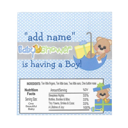 Bloc-note Blue Boy Baby shower Candy Bar Wrapper Party Favor (Devant)