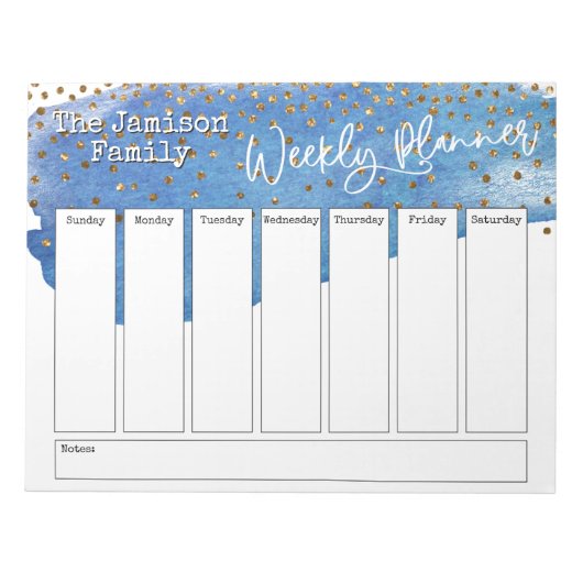 Bloc-note Blue Brushstroke Gold Confetti Planificateur hebdo (Devant)
