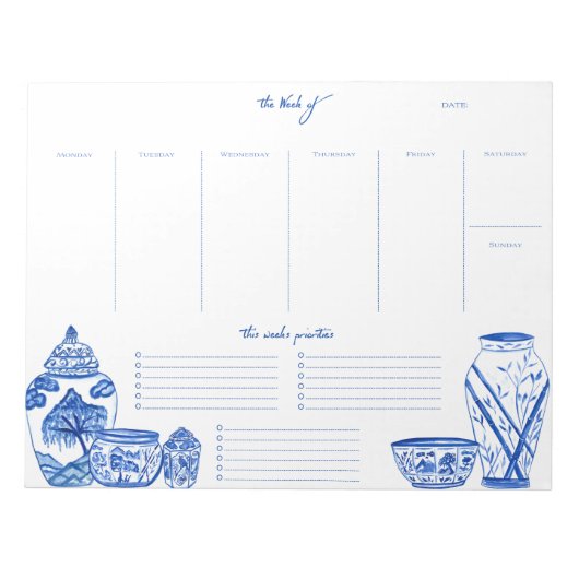 Bloc-note Blue Chinoiserie Weekly Planner Notepad (Devant)