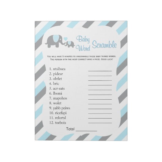 Bloc-note Blue, White & Grey Elephant Baby shower Word Jeu (Tourné)