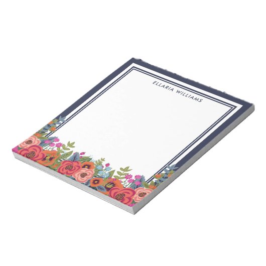 Bloc-note Boho Floral Arrangement - Navy Blue & White - Nom (Tourné)