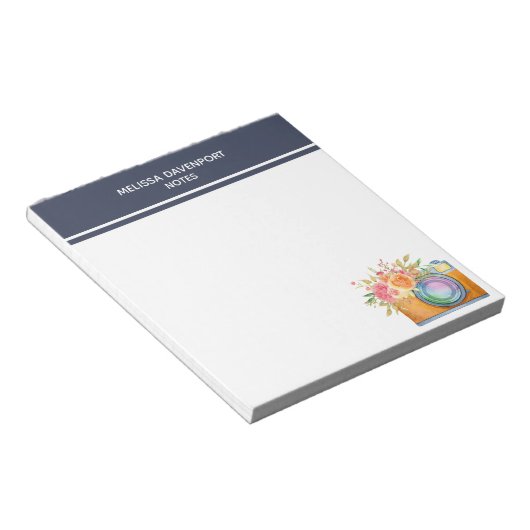 Bloc-note Boho Orange Caméra & Bouquet Floral Aquarelle (Incliné)