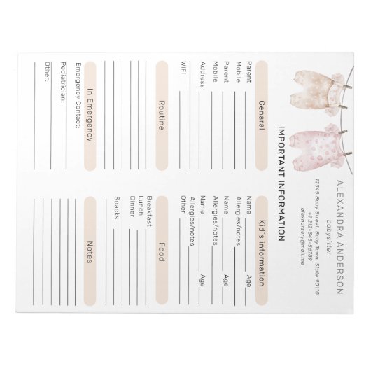 Bloc-note Boho Watercolor Babysitter Info Sheet (Devant)
