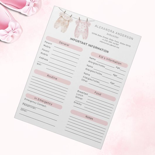 Bloc-note Boho Watercolor Babysitter Info Sheet