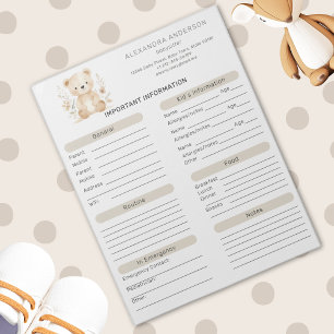 Bloc-note Boho Watercolor Bear Babysitter Info Sheet