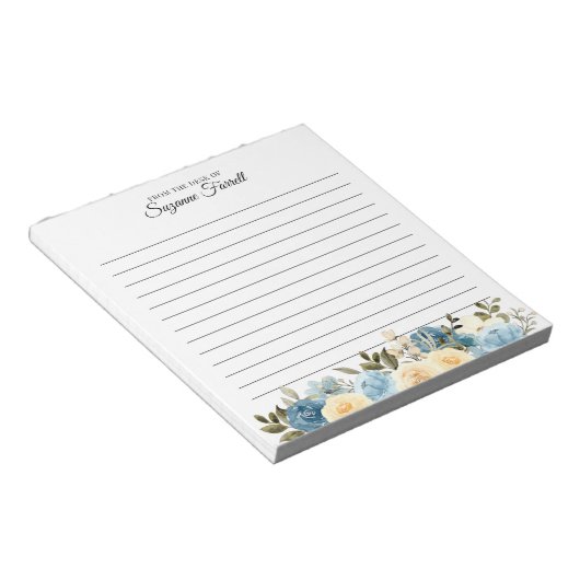 Bloc-note Bordée du bureau du nom Aquarelle Bleu Floral (Incliné)