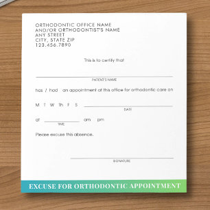 Bloc-note Bordereau d'excuse orthodontique moderne pour rend