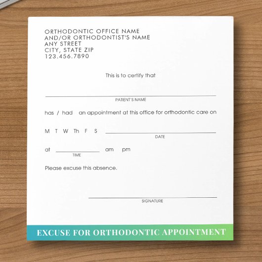 Bloc-note Bordereau d'excuse orthodontique moderne pour rend