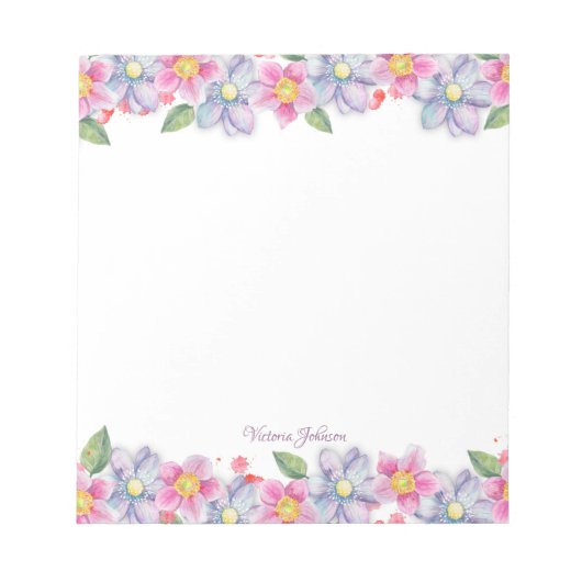 Bloc-note Bordure de fleurs rose et bleu d'aquarelle (Devant)