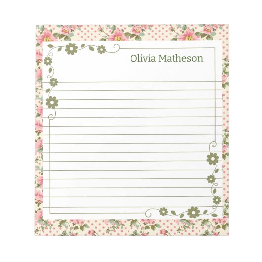 Bloc-note Bordures de vigne florale rose et verte (Devant)