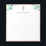 Bloc-note Botanique Floral Seahorse Blush Cadre<br><div class="desc">Elégant bouquets botaniques de l'île aquarelle et logo hippique avec cadre en nacre,  personnalisé avec nom,  bloc-notes. Le style et la couleur de la police de texte peuvent être customisés.</div>