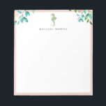 Bloc-note Botanique Floral Seahorse Blush Cadre<br><div class="desc">Elégant bouquets botaniques de l'île aquarelle et logo hippique avec cadre en nacre,  personnalisé avec nom,  bloc-notes. Le style et la couleur de la police de texte peuvent être customisés.</div>