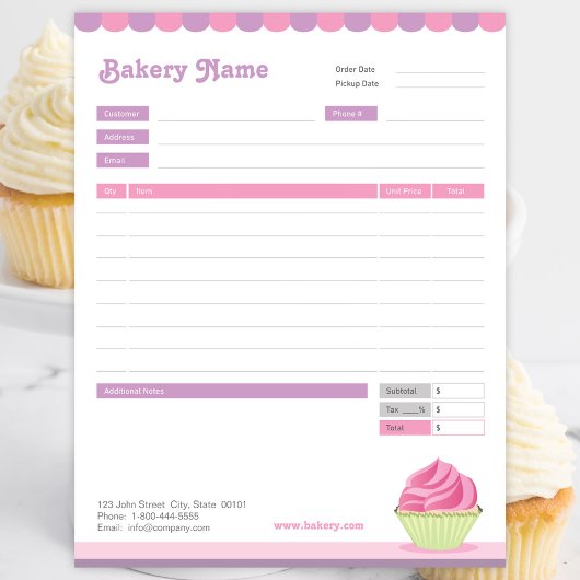 Bloc-note Boulangerie Cupcake Formulaire de commande ou Bloc