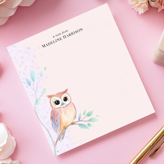 Bloc-note Branche de hibou à l'aquarelle Nom personnalisé