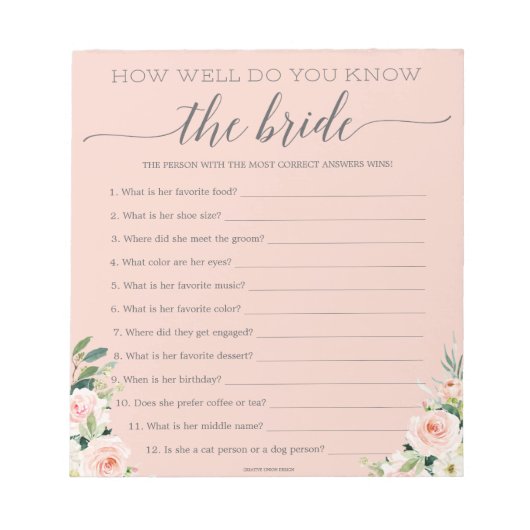 Bloc-note Budget Game How Well Do You Know The Bride Notepad (Devant)