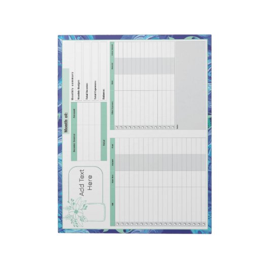 Bloc-note Budget mensuel et Bill Tracker bleu vert (Tourné)