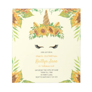 Bloc-note BUDGET Tournesol Floral Unicorne jaune Invitation