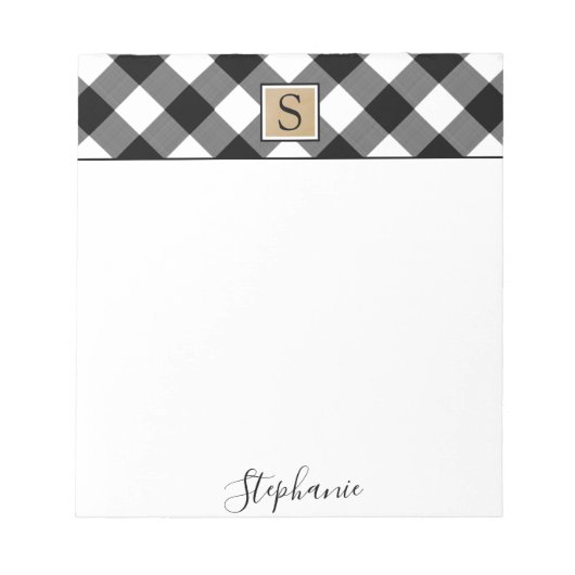 Bloc-note Buffalo Plaid Monogramme Nom du script Noir Blanc (Devant)