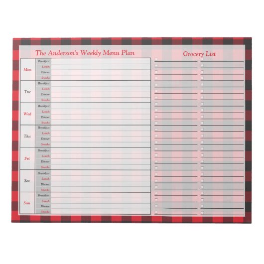 Bloc-note Buffle noir rouge Plaid Menu Plan personnalisé (Devant)