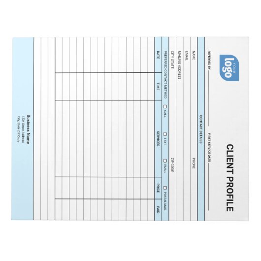 Bloc-note Business Customer Client Profile Sheet Notepad (Devant)