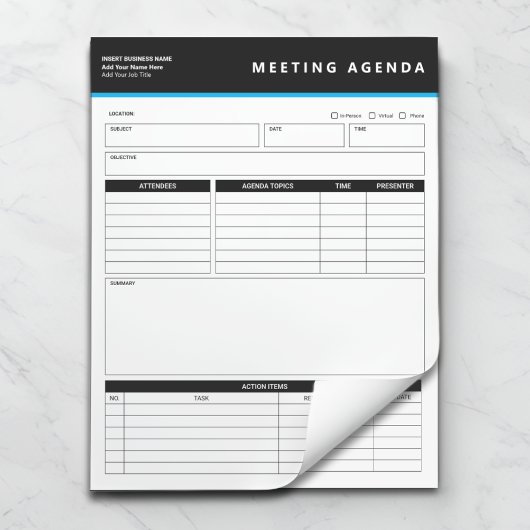 Bloc-note Business Name Simple Meeting Agenda Notepad