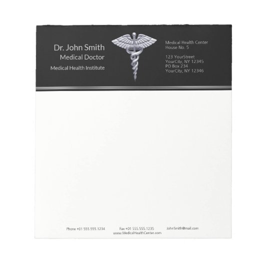 Bloc-note Caducée Médicale Silver Classy sur Noir (Devant)