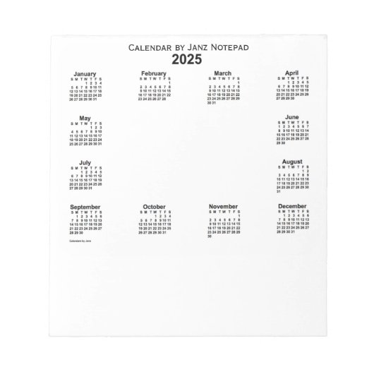 Bloc-note Calendrier blanc 2025 par Janz Notepad (Devant)