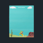 Bloc-note Campy Western Cowgirl on Horse Personnalisé<br><div class="desc">Écrivez des lettres ou des notes en style avec ce papier d'écriture personnalisé. Le papier bleu vif a des lignes blanches pour garder votre écriture propre et même. En bas, on voit une illustration de style rétro d'une cowgirl sur un cheval dans un paysage occidental. En haut, entre les nuages...</div>