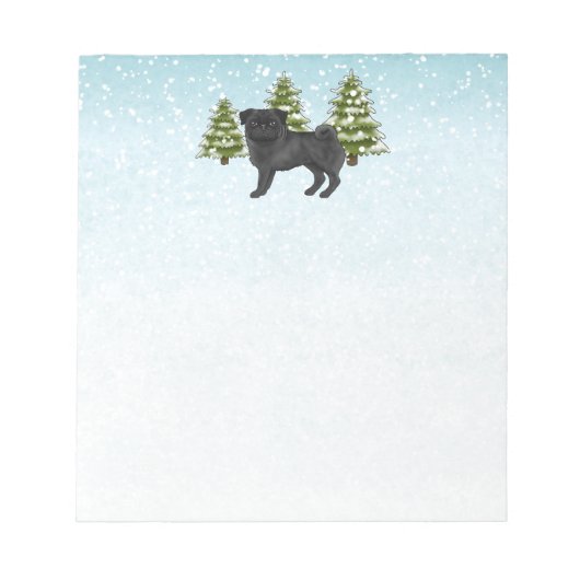 Bloc-note Carlin noir mignon caricature Chien Snowy Winter F (Devant)