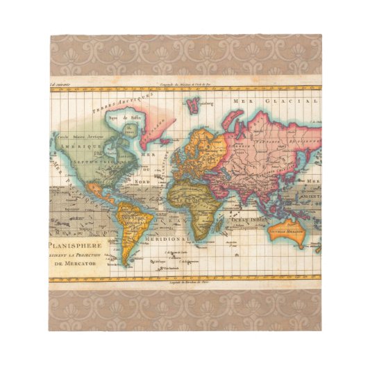 Bloc-note Carte du Monde 1780 Bonne Antique Planisphère (Devant)