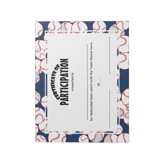 Bloc-note Certificats de participation au baseball (Tourné)