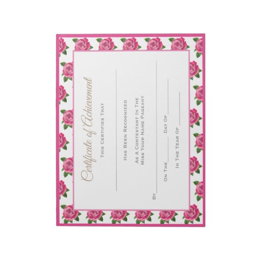 Bloc-note Certificats-Roses de concours de style Miss Americ (Tourné)