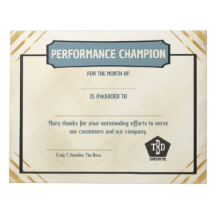 Bloc-note Certificats universels de récompense pour la perfo
