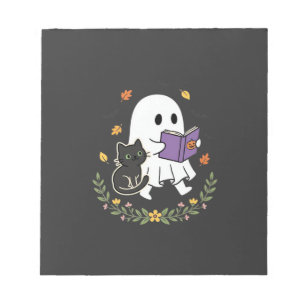 Bloc-note Chat fantôme d'Halloween lisant un livre floral De