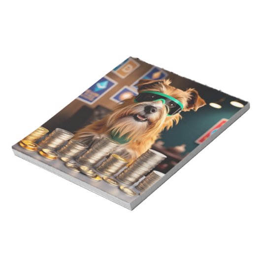 Bloc-note Chien avec des pièces de crypto (Tourné)