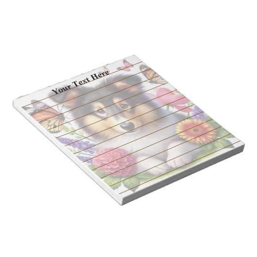 Bloc-note Chien-mouton Shetland avec fleurs et papillons (Incliné)