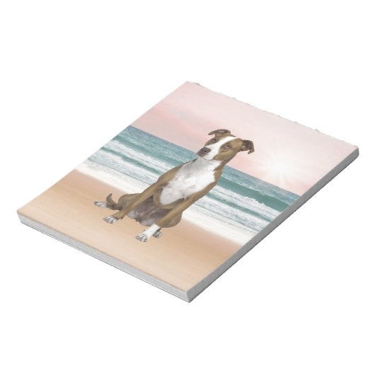 Bloc-note Chien Pitbull mignon assis sur la plage avec couch (Tourné)